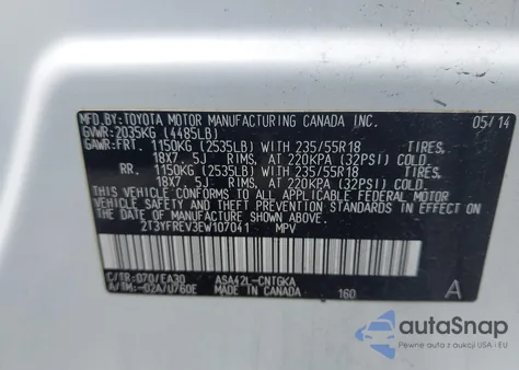 2014 Toyota Rav4 Limited из США, поврежденный, VIN 2T3YFREV3EW107041